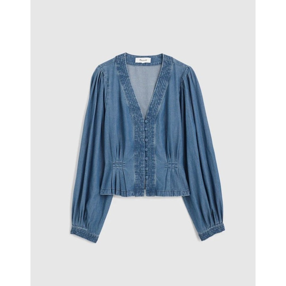 Madewell Denim Pintuck V-Neck Puff Sleeve Button Front Top Light Wash NZ186 14